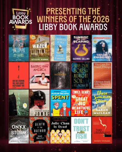 Libby promotional graphic showing a wall of award-winning book covers available in the app